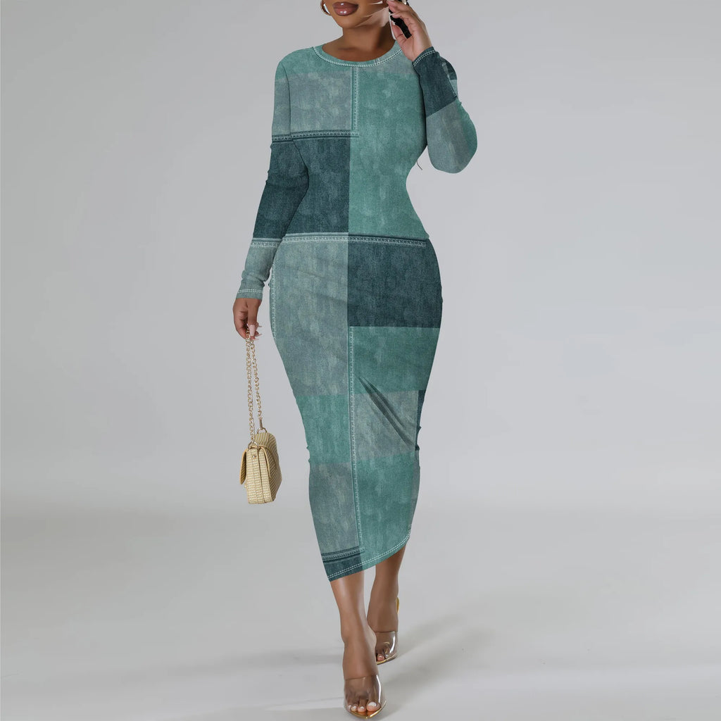 European and American women's fashion temperament casual print slim black dress