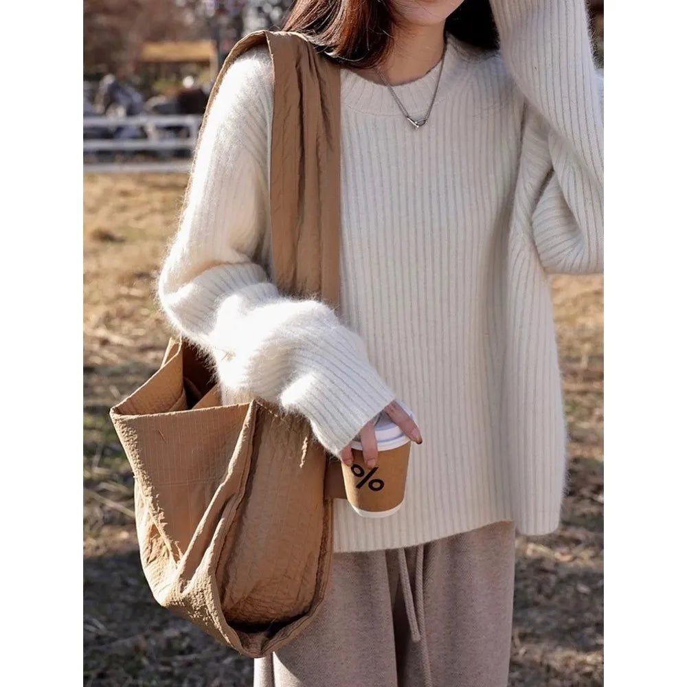 100% Cashmere sweater for women's autumn and winter loose and soft sweater wool knitted sweater round neck base layer