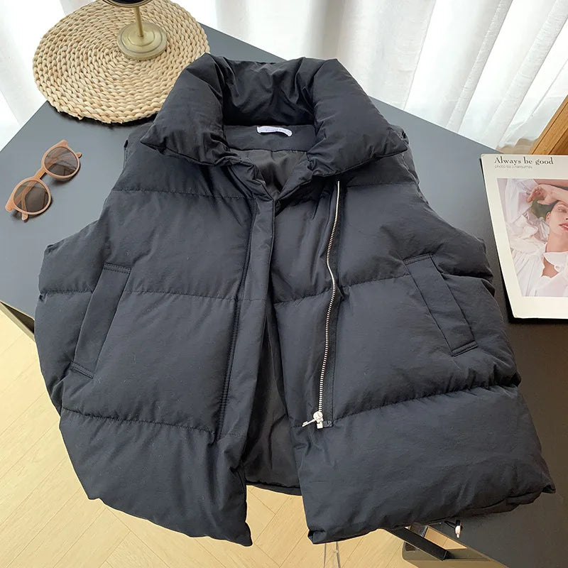 Women's Winter Short down Sleeveless Vest Warm Stand Collar Zipper Jacket Casual Fashion Quilted Cropped Coats Street Outerwear