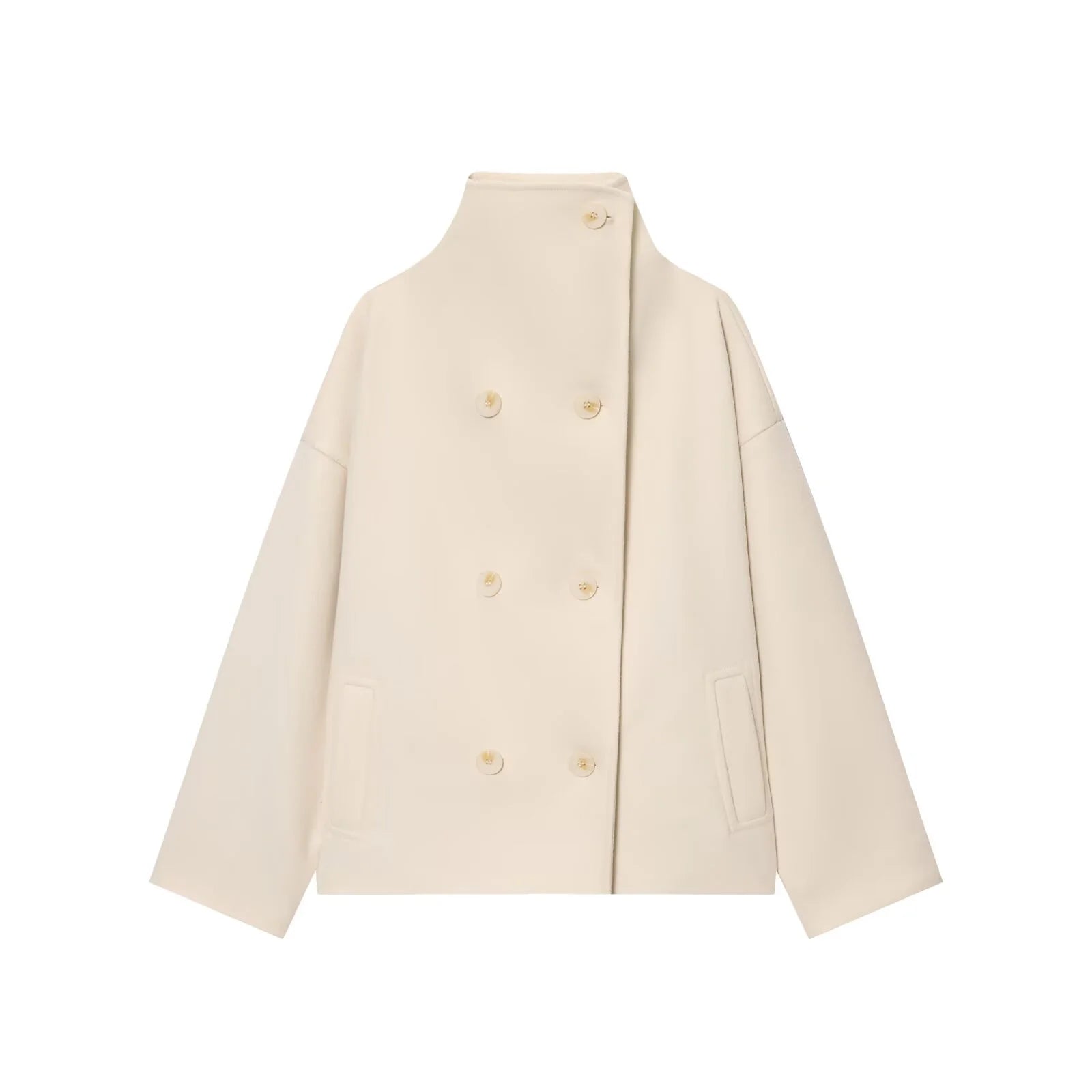 2025 Winter New Women's Casual Fashionable Simple Versatile High-Neck Long-Sleeved Double-Breasted Loose Wool Coat