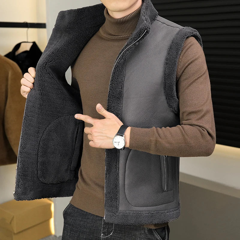 Winter Lamb Wool Vests Men Warm Coat Fashion Casual Thick Stand Collar Sleeveless Jacket Can Be Worn On Both Sides Waistcoat Man