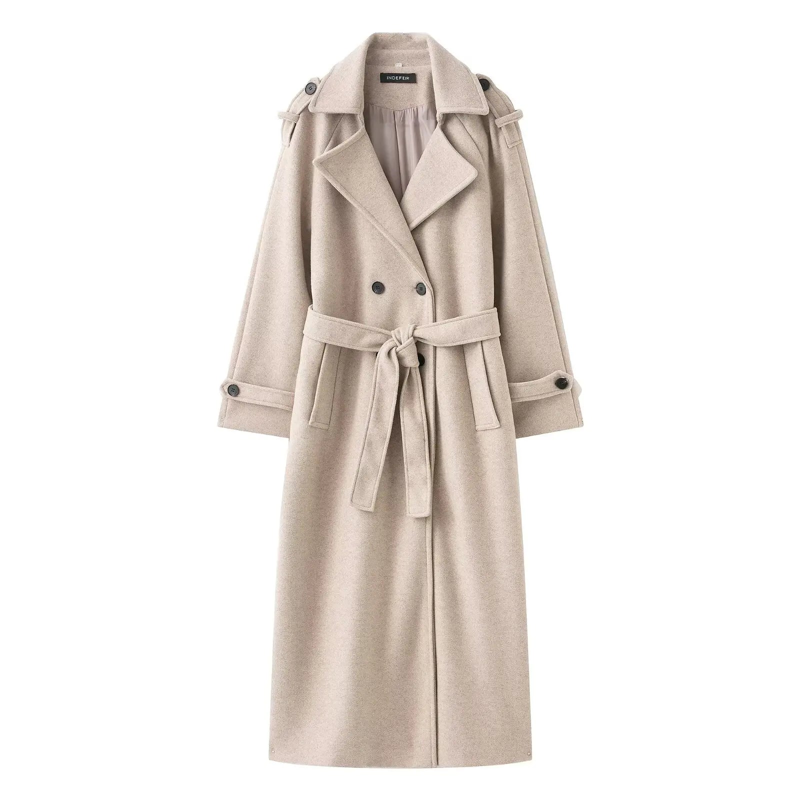 HH Winter Elegant Women Turn-Down Collar Long Coat Solid Long Sleeves Pocket Belt Double-Breasted Female Slim Windbreaker Coats