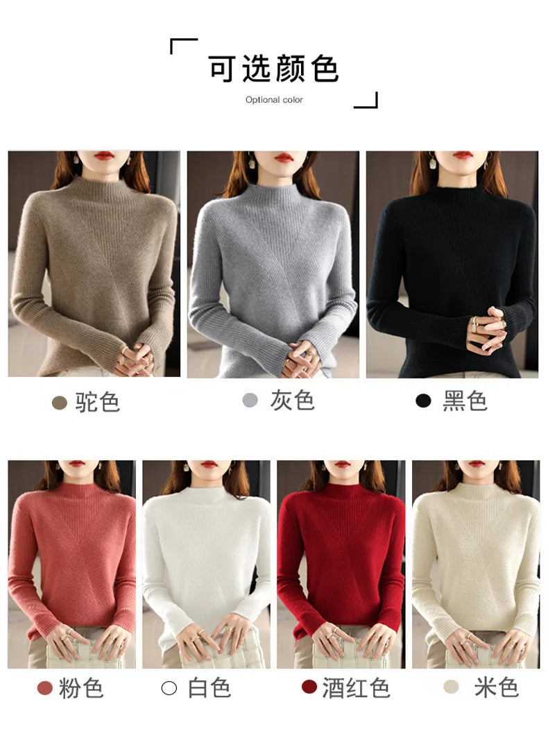 Cashmere Sweater Women Pure Color Half high collar Casual Long-sleeved Loose Pullover Cashmere Sweater Women's