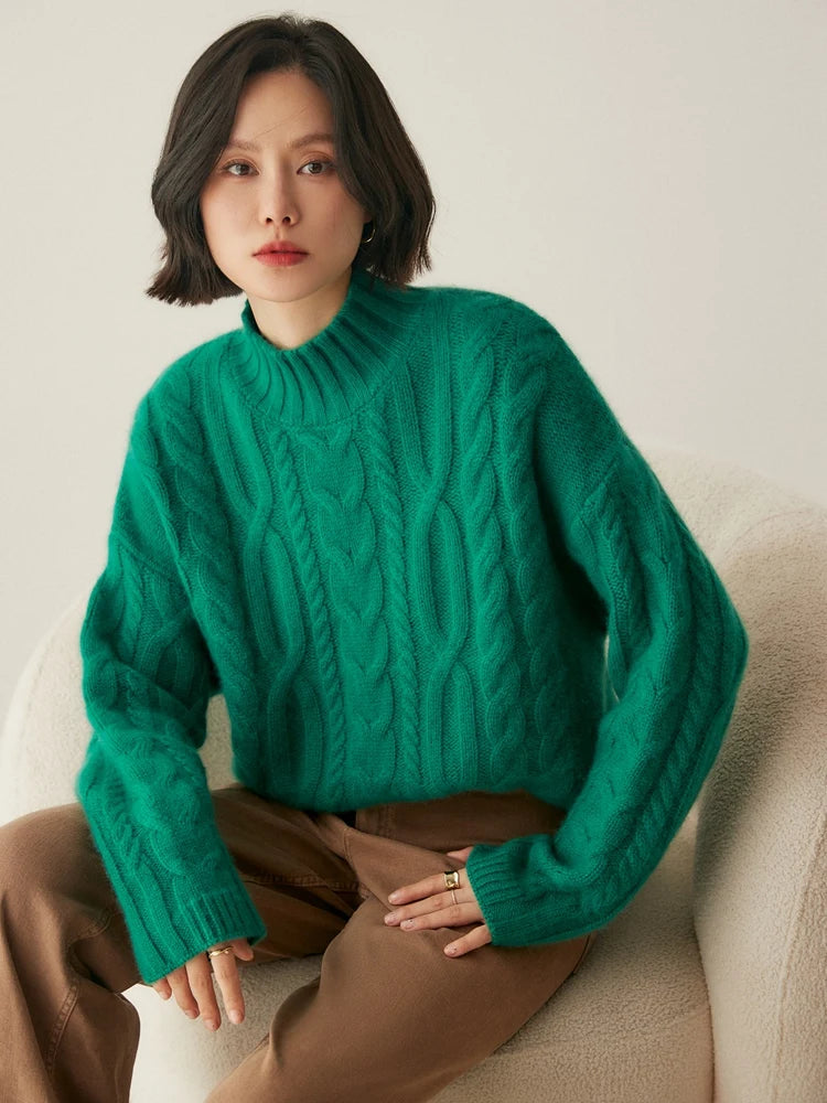 Women 100% Cashmere Sweater Mock Neck Pullover Cable Knitting Vintage Loose Style Thickened Cashmere Knitwear Autumn Winter Tops