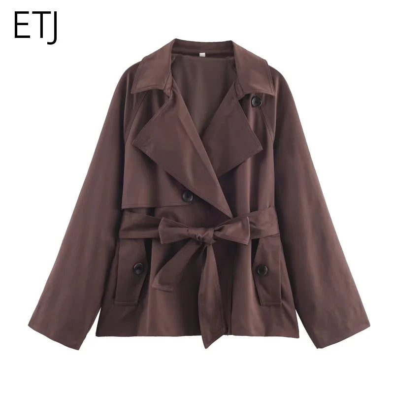 ETJ Autumn 2025 new collection  women's British style lapel double-breasted Maillard color belt casual trench coat