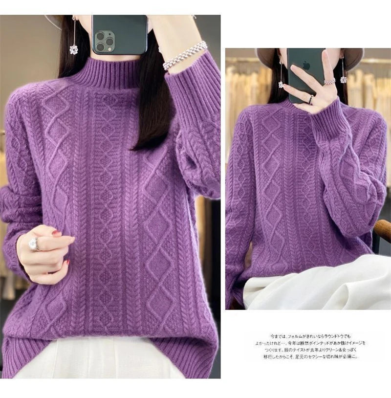 2024 New Women Autumn Winter Sweater Thick 100% Merino Wool Turtleneck Casual Cashmere Knitwaer Pullover Korean Fashion Tops