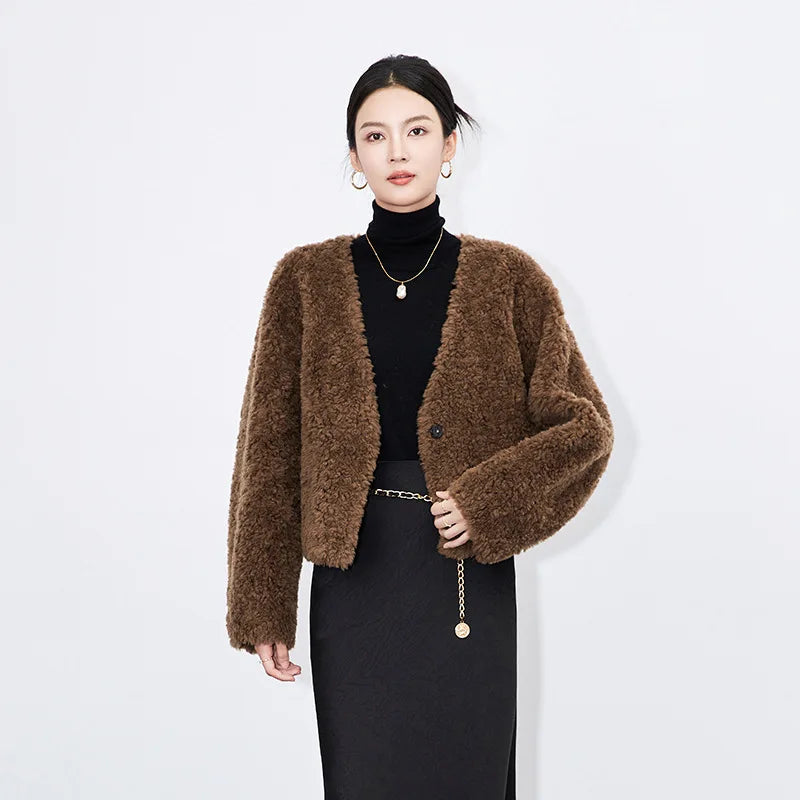 100% Wool Short Jackets for Women 2024 Autumn Winter V Neck Lamb Wool Coat Womens Clothing Fashion Outerwears Casaco Feminino