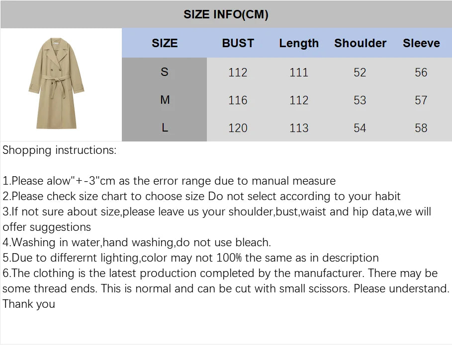 Womne Long Trench Coat With Belt Double Breasted Long Sleeve Lapel Collar Women's Windbreaker Female Outerwears