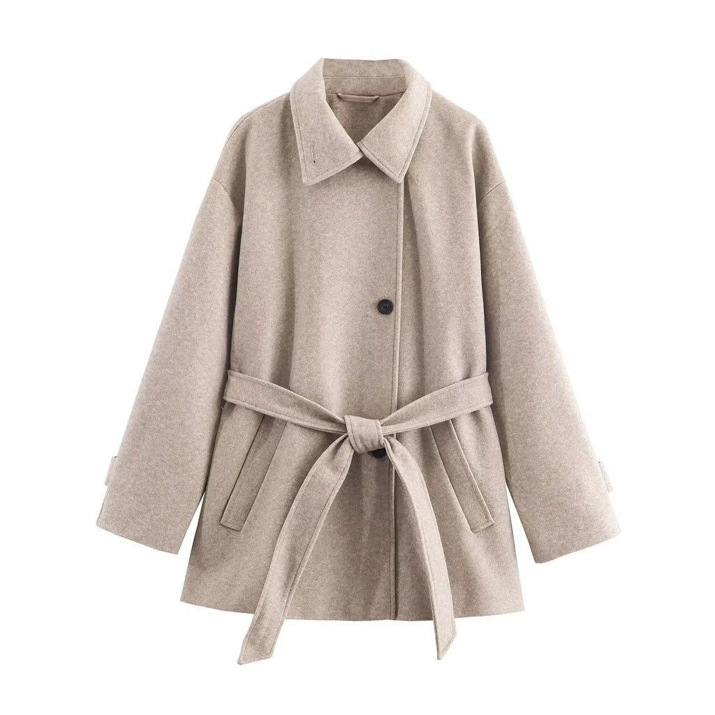 Women Wool Coat With Belt Autumn Winter Female Laple Long Sleeve Single-Breasted Outwear Coat Lady Loose Jackets