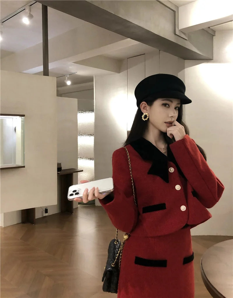 Winter Outfit Women 2024 New Elegant Lady Thickened 2 Pieces Sets Women Sweet Fashion Short Coat High Waist Long Skirt Suits