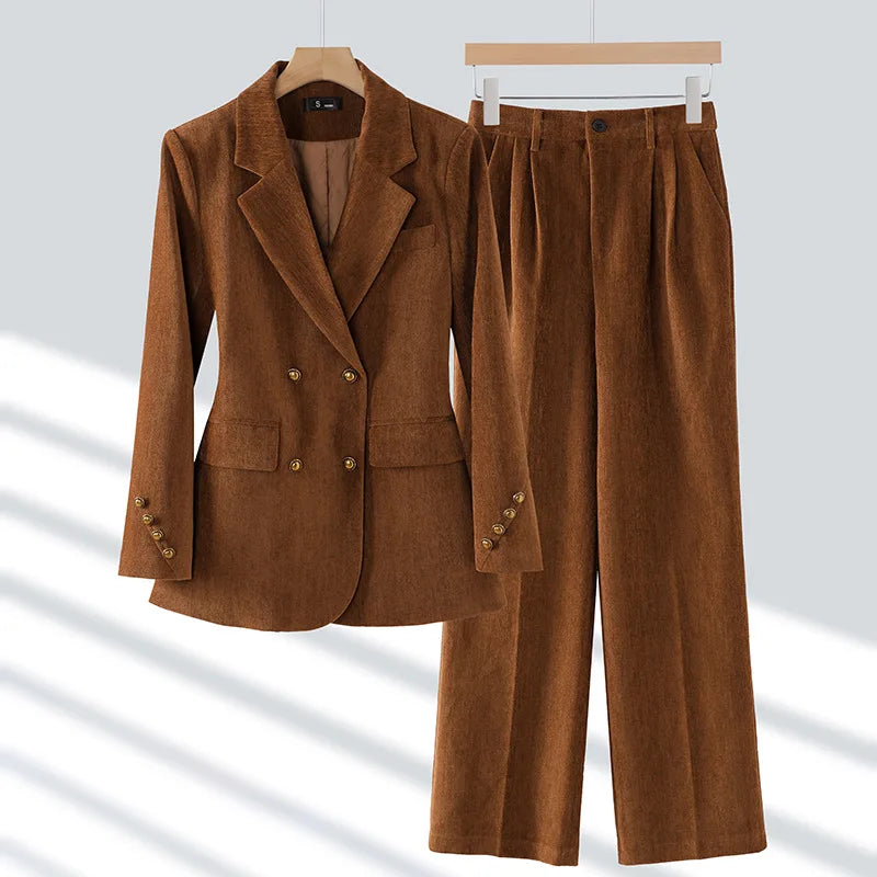 Winter Women Fashion Elegant Corduroy Pantsuit Vintage Chic Blazer Jackets and Pants Two Pieces Set Female Clothes Outfits