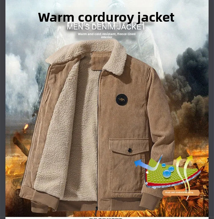 Corduroy lamb wool jacket men's winter loose fleece thickened casual lapel jacket men's clothes men jacket