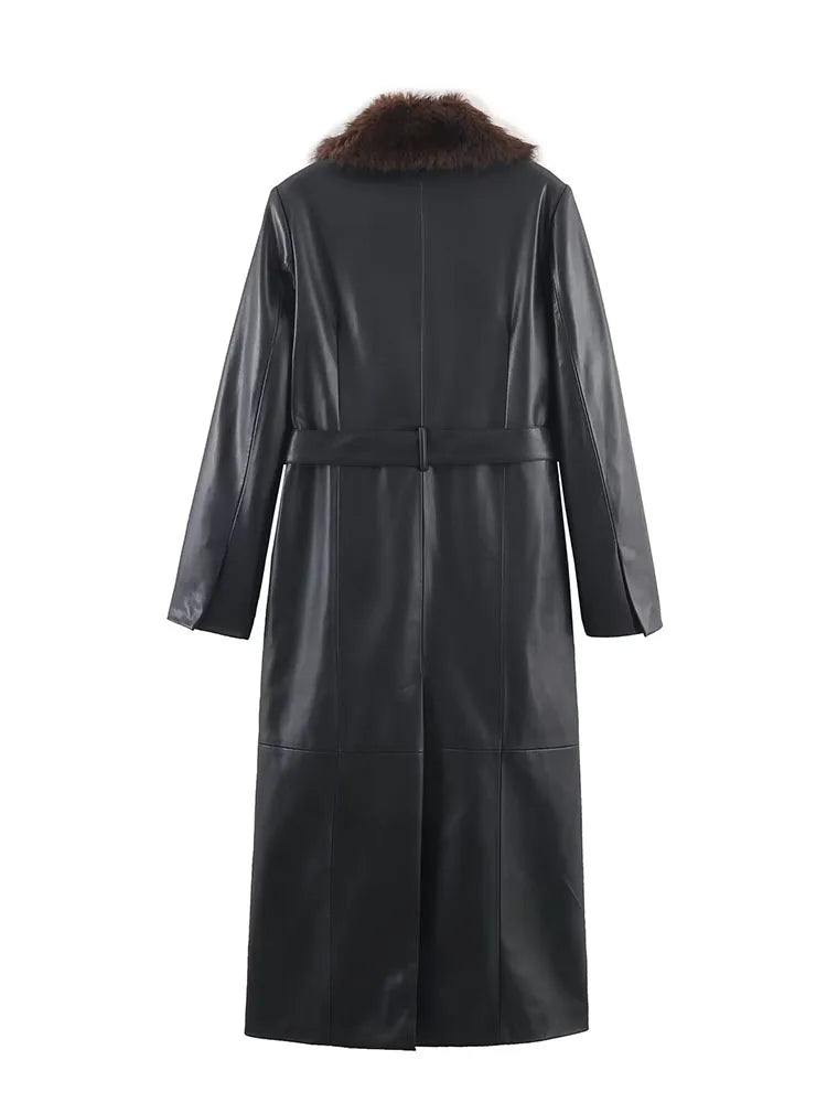 HH Women's Winter Fashion Long Sleeves Coats Black Fur Turn-Down Collar Lace-Up Decoration Single Breasted Female Warm Jackets