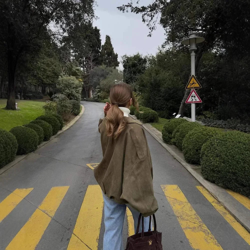 Unique Design Suede Jacket Women's Long Sleeve Waist Cinched Cuffed Flip Collar Pilot Style Fashionable Versatile Outerwear