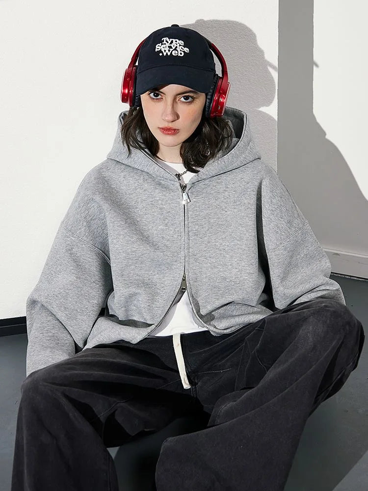 Women's Fashion Warm Hooded Jacket Fall Autumn Winter Gray Long Sleeve Pocket Double Zipper Jacket Commuter Casual Women Jacket