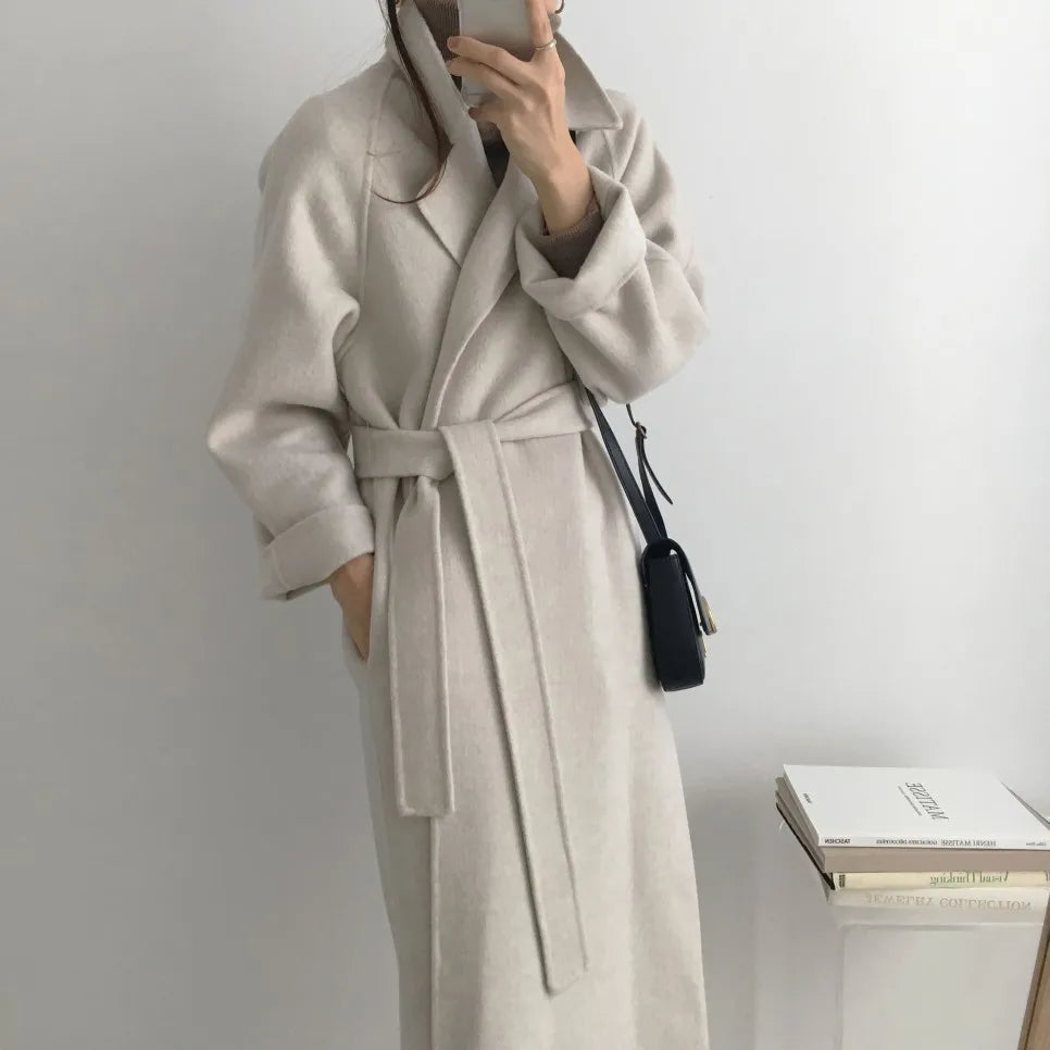 Elegant Woolen Coat Women's 2025 Autumn Winter Mid Length Adjustable Waist Thick Casual Long Sleeve Fashion Wool Coats Female