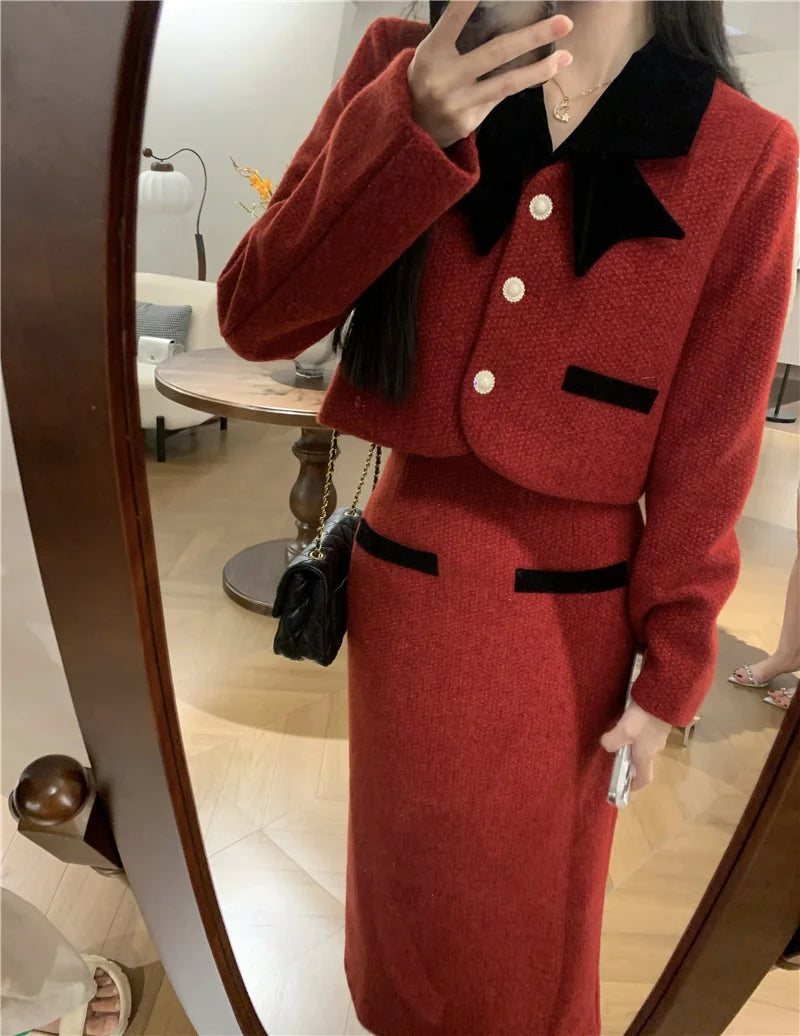 Winter Outfit Women 2024 New Elegant Lady Thickened 2 Pieces Sets Women Sweet Fashion Short Coat High Waist Long Skirt Suits