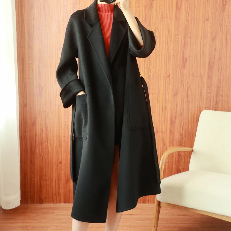 Women Double-Sided 20% Cashmere Wool Coat Jacket Women Long Beautiful Woolen Winter Autumn Warm Fashion Water Ripple Cloak