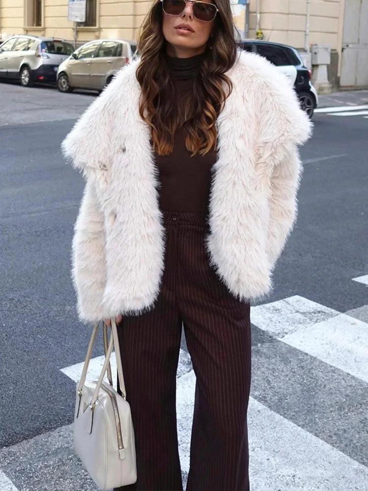 HH Winter Casual Women Solid Faux Fur Jackets 2024 Lapel Long Sleeve Patchwork Buttons Designer Coats Female Fashion Outwear