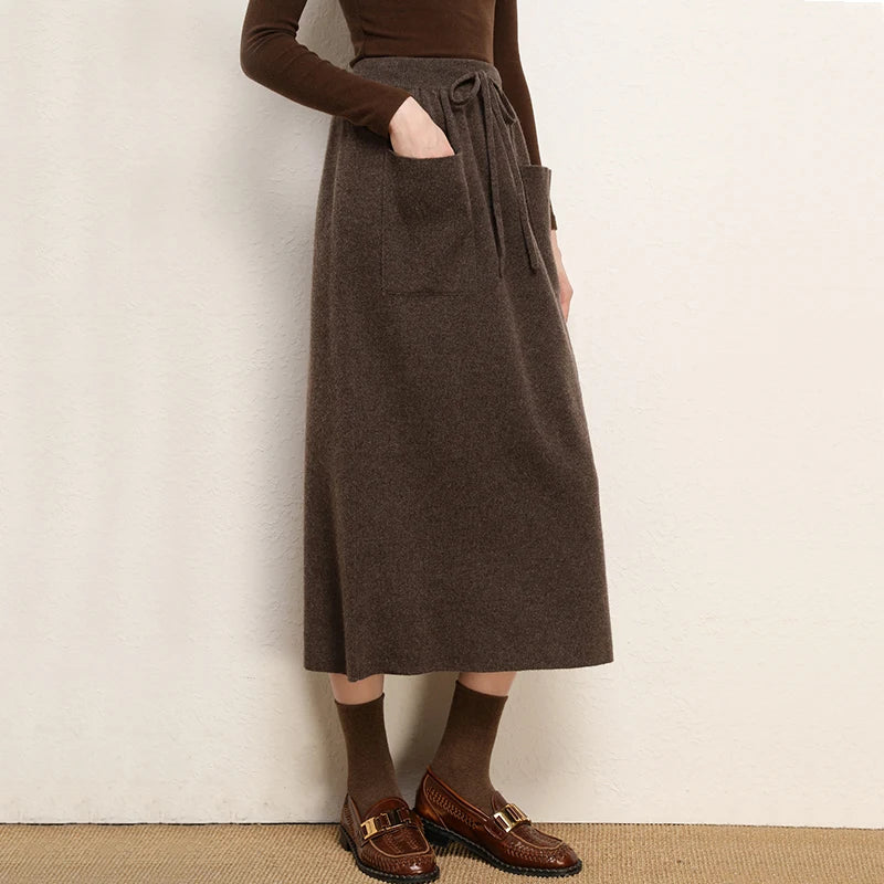 Cashmere Skirt Knitted Skirt Half Skirt, Double Pocket A-Line Skirt Skirts Plus Size Women Long Elegant Dress Women Clothing