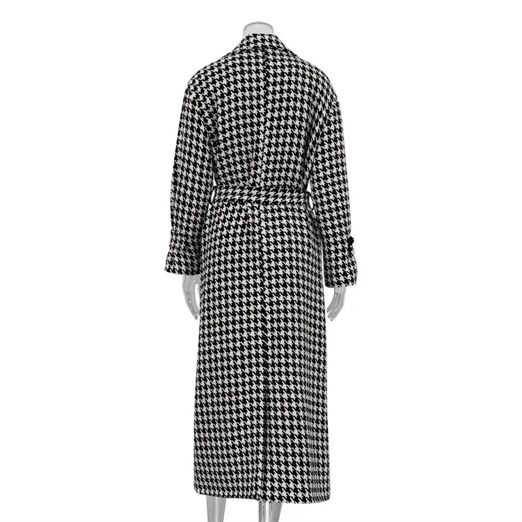 Long Coat Women Coats Work Turn Down Collar Houndstooth Thick Work Trench Streetwear Elegant Jackets Open Stith Autumn Winter