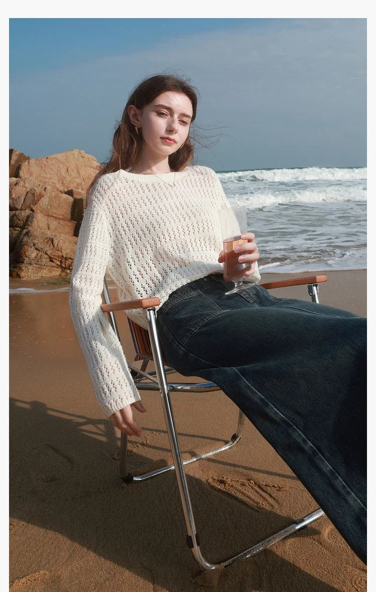 ITOOLIN Summer Women Long Sleeve Loose Casual Top Hollow Out Sexy Knit Shirt Beach Solid Y2k Pullovers Streetwear T-shirt 2024