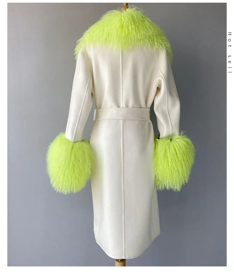 Women Cashmere Wool Coat With Real Mongolian Sheep Fur Collar  Ladies Autumn Winter Fashion Long Outwear Full Sleeve Fur Jacket