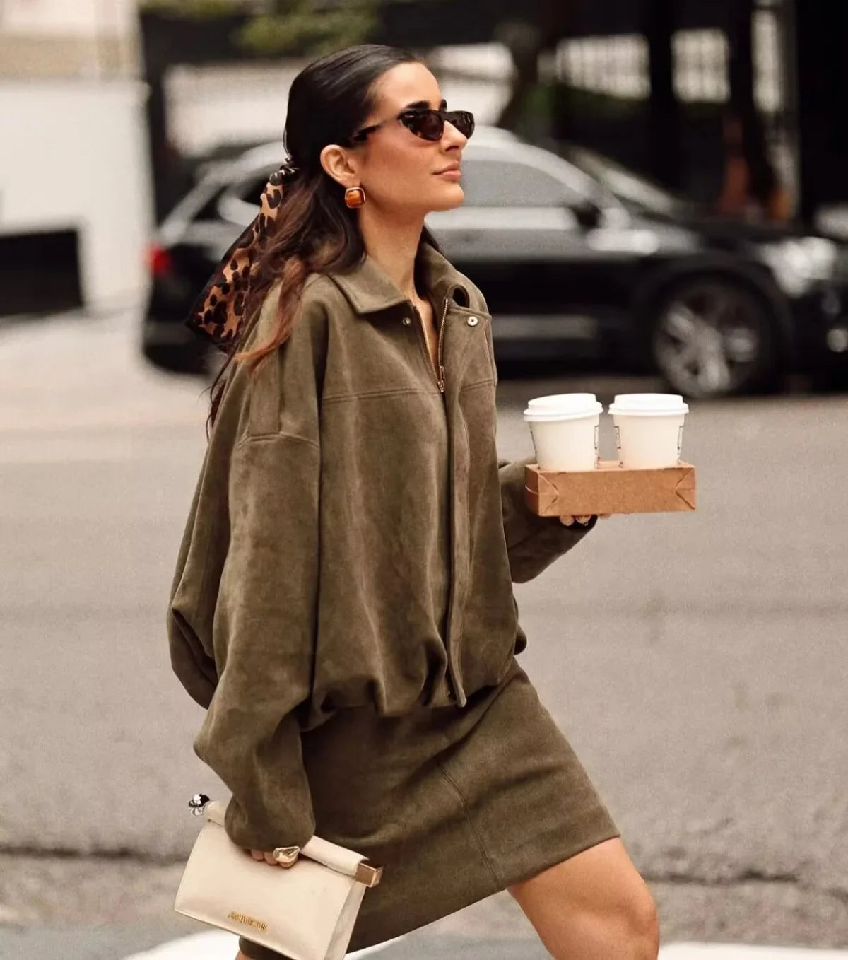 Unique Design Suede Jacket Women's Long Sleeve Waist Cinched Cuffed Flip Collar Pilot Style Fashionable Versatile Outerwear