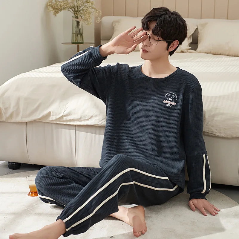 Men's Clothes Fall and Winter Pajamas Cotton Waffle Fashion Solid Color Comfortable Elastic Loungewear Homewear Youth Sleepwear