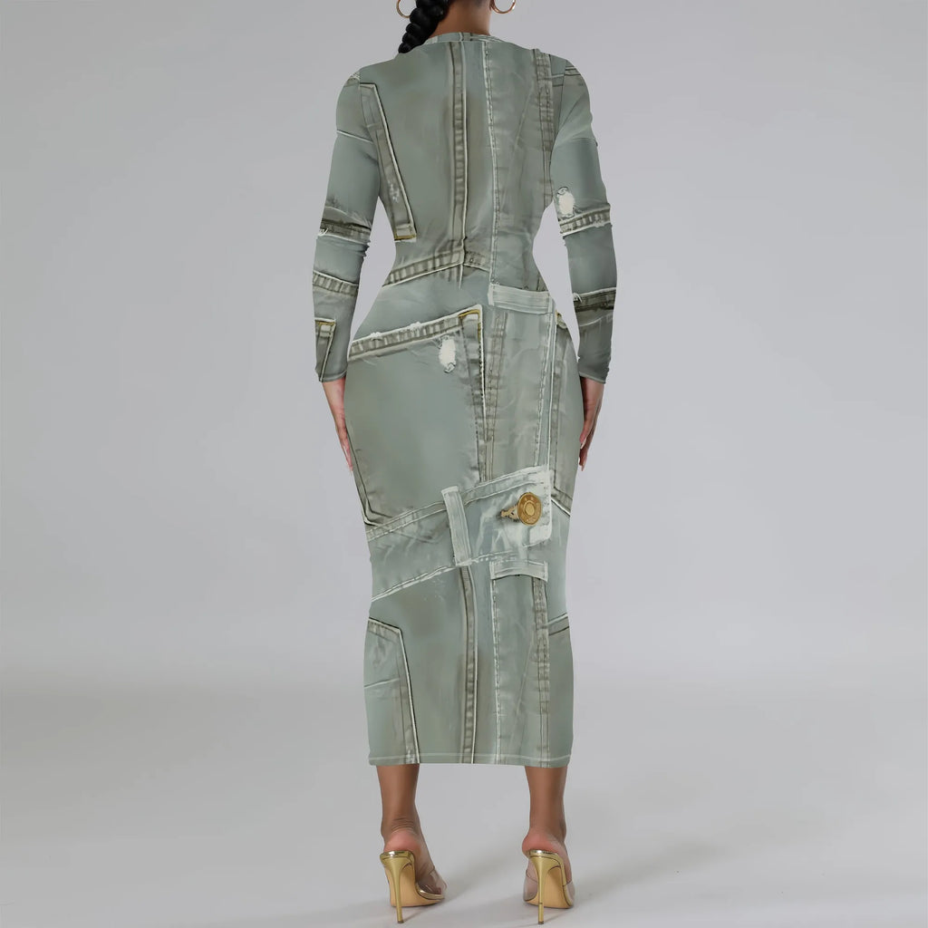 European and American women's fashion temperament casual print slim black dress