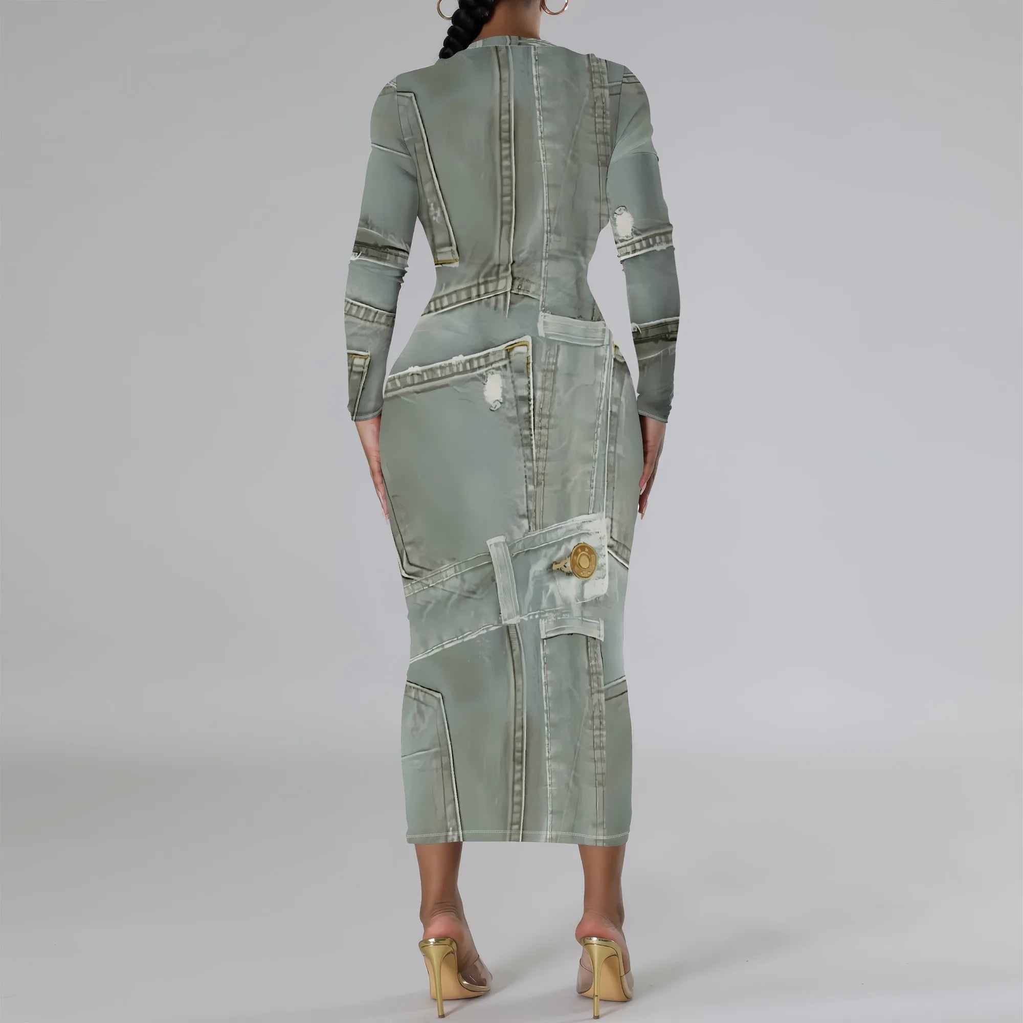 European and American women's fashion temperament casual print slim black dress