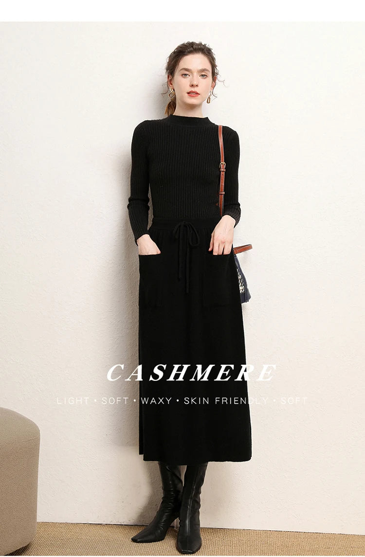 Cashmere Skirt Knitted Skirt Half Skirt, Double Pocket A-Line Skirt Skirts Plus Size Women Long Elegant Dress Women Clothing