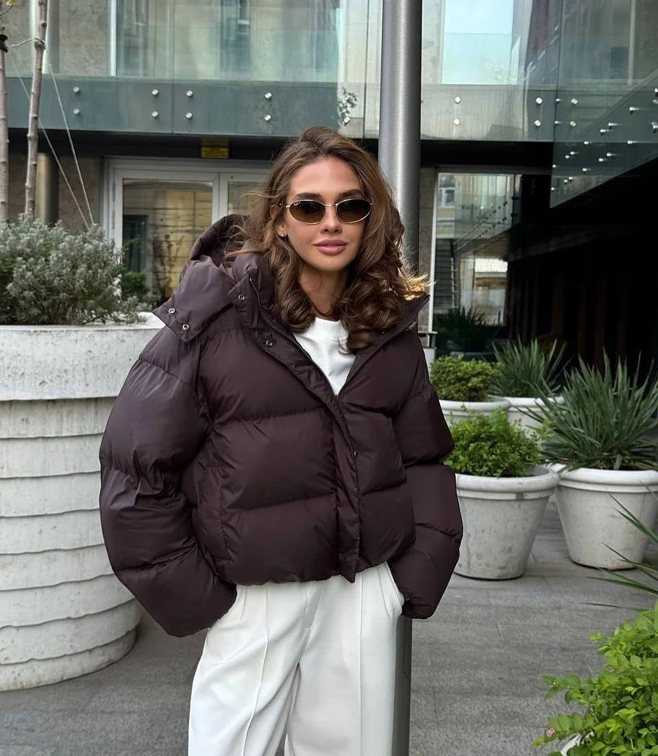 Women Brown Hooded Cotton Coat Fashion Lapel Full Sleeve Zipper Button Warm Loose Short Coats Lady Winter Casual Street Outwear