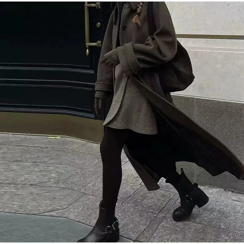 Women's Coat 2025 Winter New Style Dark Brown Long-Sleeve Belted Loose-Fit Long Woolen Coat Fashionable and Stylish