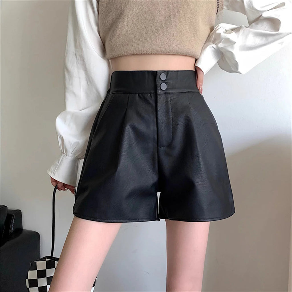 Fashion PU Shorts For Women 2025 Autumn Winter Retro New In Short Pant Solid High Waist Chic Shorts Lady Y2k Casual Street Wear