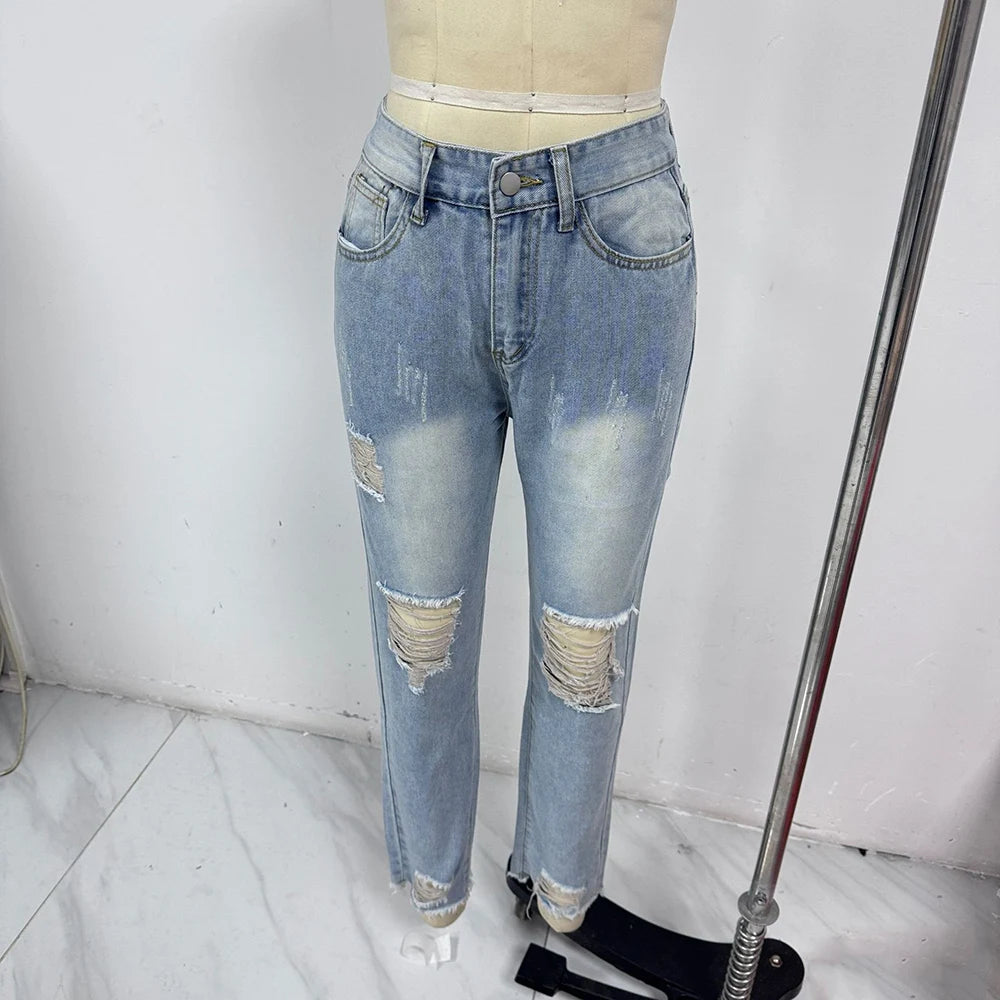 New Women's Slim Jeans Fashion Casual Ripped Denim Pants Spring Autumn Office Lady Work Trousers High-waisted Straight Jeans