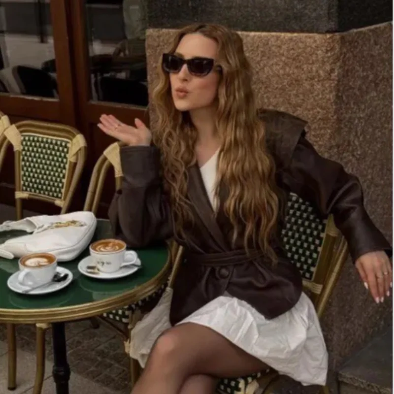 Autumn and Winter Faux Leather Jackets for Women 2025 Chic Dropped Shoulder PU Jacket Coat Casual Office Lady Blouses