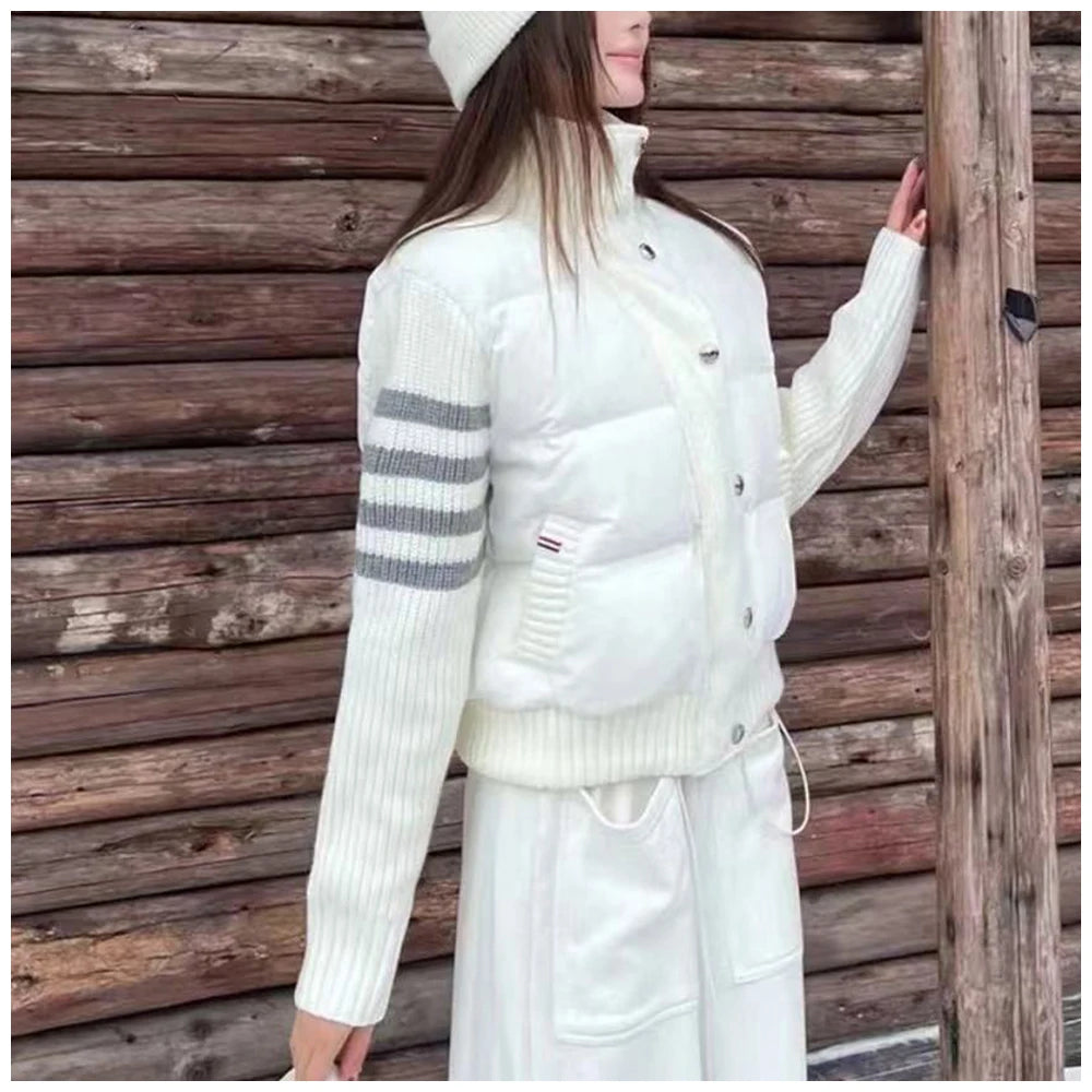 Womens Jacket Stand Collar Quilted Patchwork Knit Sleeves Casual Versatile Jacket Essential Autumn And Winter Item Trafizaran