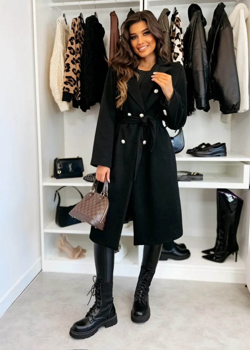 Women's Woolen Coat Autumn Winter Vintage Elegant Double Breasted Trench Coat Women Brown Long Sleeved Midi Windbreaker Jacket