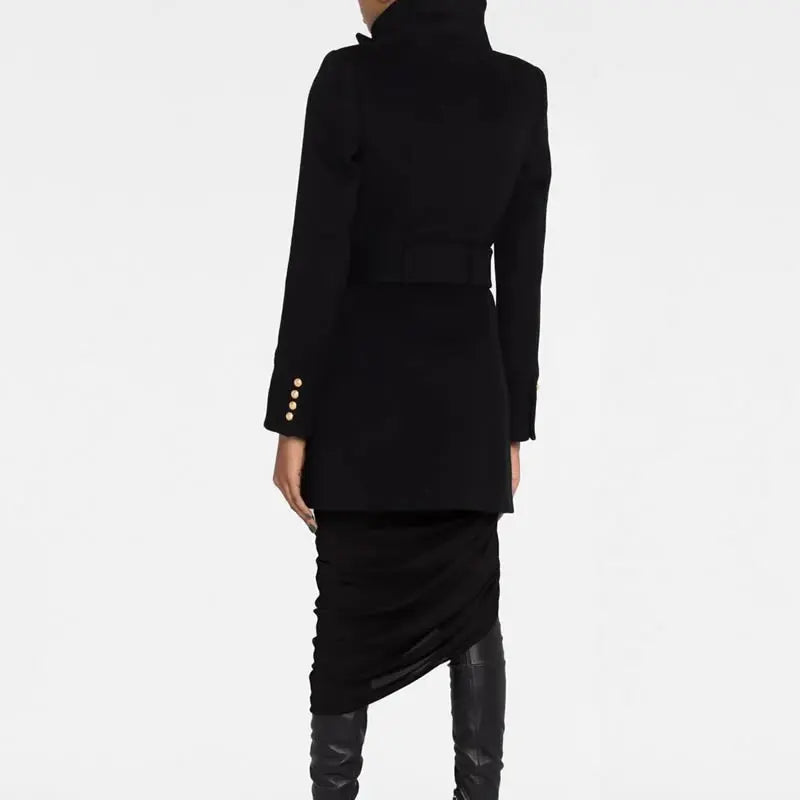 Women New Winter Black Wool Coat Gold Double Breasted Long Sleeve Coat