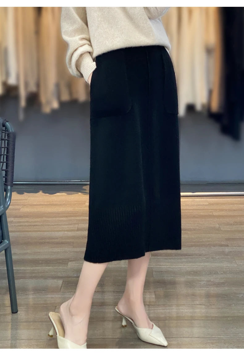 Women's Knitted Cashmere Skirt Double Pocket 100% Pure Wool Commuter Joker Straight Skirt for Autumn Winter New