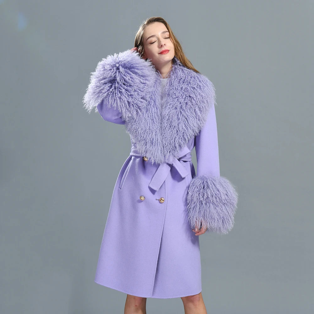 Women Cashmere Wool Coat With Real Mongolian Sheep Fur Collar  Ladies Autumn Winter Fashion Long Outwear Full Sleeve Fur Jacket