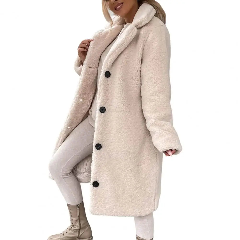 Trendy Women Overcoat Autumn Winter Women Trench Coat Long Style Pure Color Single-breasted Teddy Jacket  Windproof