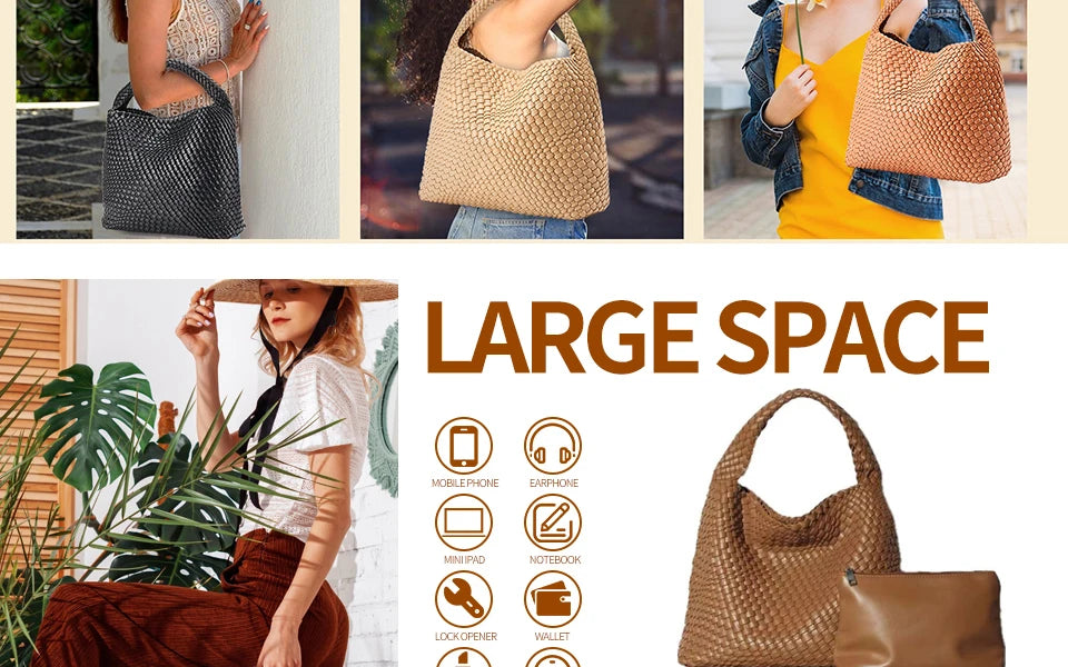 Woven Tote Bag for Women Large Woven Handbag Soft Leather Shoulder Bag Work Shopper Summer Beach Travel Tote Bag with Purse
