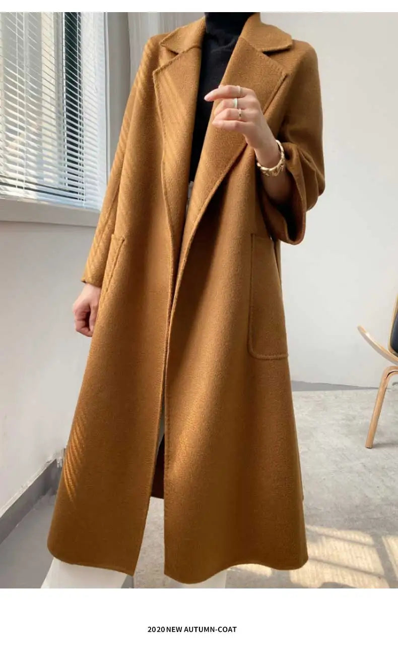 Women Double-Sided 20% Cashmere Wool Coat Jacket Women Long Beautiful Woolen Winter Autumn Warm Fashion Water Ripple Cloak