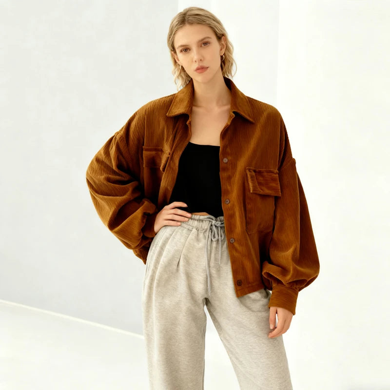 Autumn Casual Button Outwear Top with Pockets Retro Versatile Turndown Collar Long Sleeved Jacket for Women Street Loose Coat