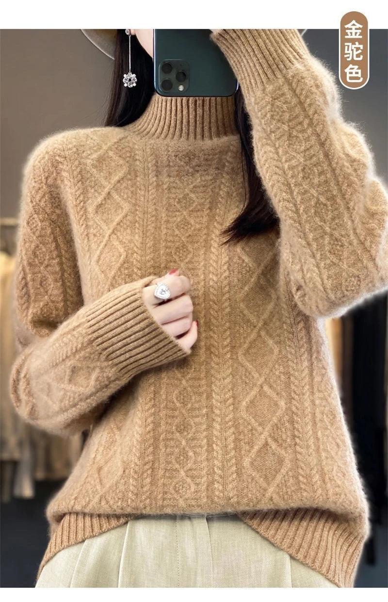 2024 New Women Autumn Winter Sweater Thick 100% Merino Wool Turtleneck Casual Cashmere Knitwaer Pullover Korean Fashion Tops
