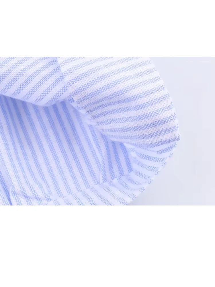 HH Women's 2025 Fashion Versatile Waist Pleated Blue Striped Shirt Female Elegant Lapel Single-Breasted Long-Sleeved Shirt