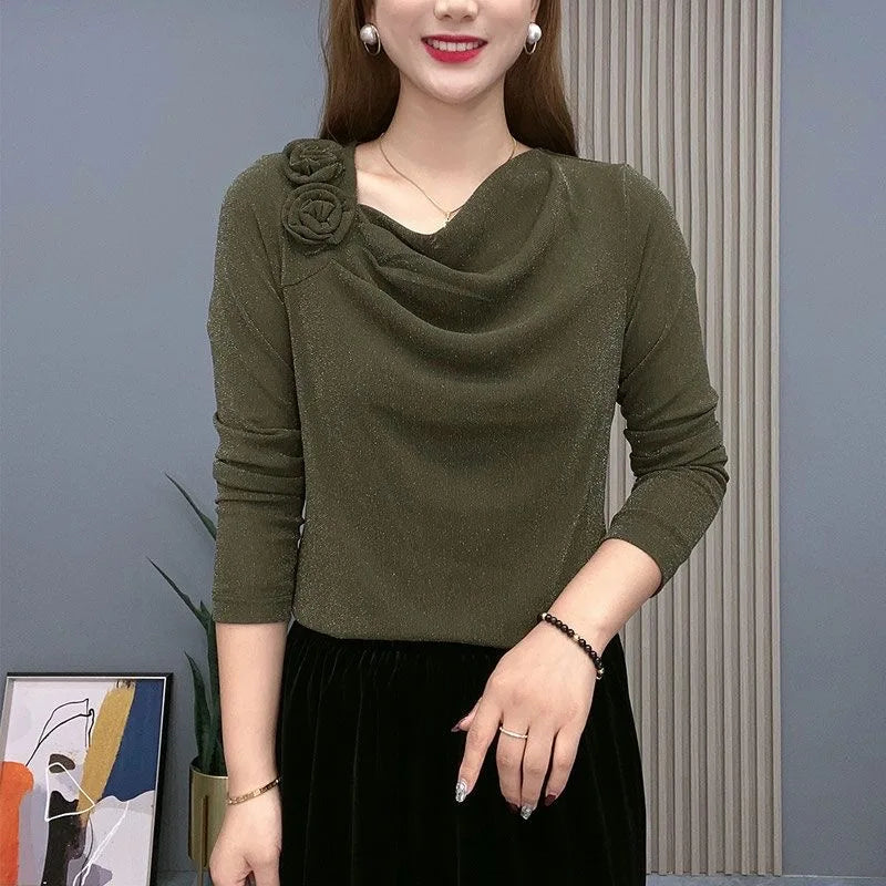 Women's Clothing Vintage Pile Collar Floral Solid Color Pullovers T-shirt  Autumn Slim Gauze Spliced Stylish Sequined T-shirt