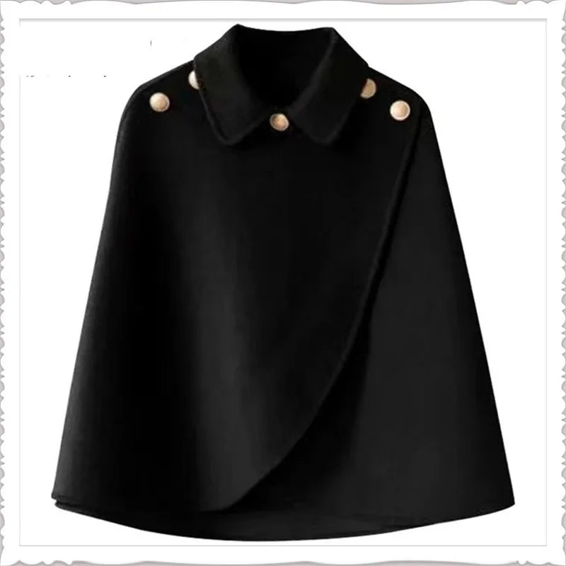 Fashion Woolen Shawl Coat For Women 2025 Autumn Winter New Woolen Jacket Short Outerwear Cape Red Black Coat Tops Female
